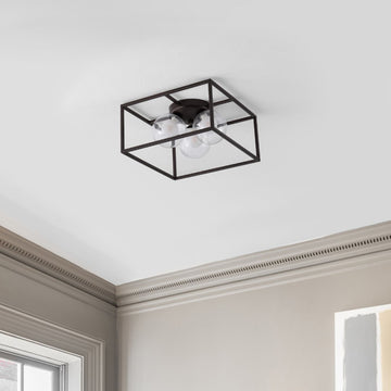 Kyle 14" 3-Light Modern Farmhouse Metal/Iron Open-Caged LED Flush Mount - JONATHAN Y